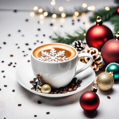 Coffee cup with Christmas ornaments and decoration on white background
