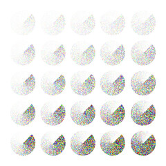 Round shaped dotted objects, vintage stipple elements. Fading gradient. Stippling, dotwork drawing, shading using dots. Colored disintegration effect. Noise grainy texture. Vector illustration