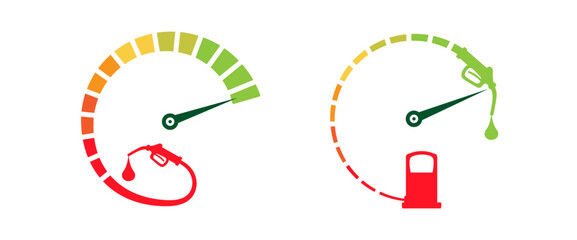 Abstract fuel meter set with fuel pump and oil drops. Fuel indicator indicating full tank. Simple futuristic fuel gauge design, to use in transportations, logistics, cars.  © Gabydesign21