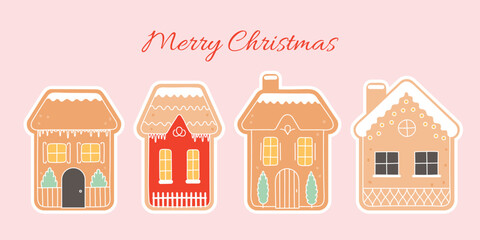 Gingerbread houses sticker set on ping background. Christmas card invitation. Vector illustration