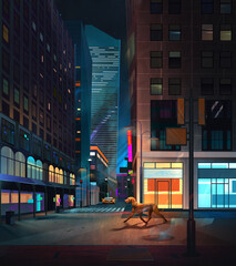 a painted dog running past the storefronts of a city street at night.
