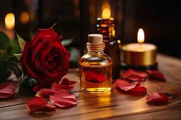 Roses and essence bottles in a soft and cozy atmosphere