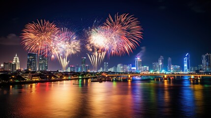 Night view of Fireworks over the city at night near the water .and fireworks in the city harbor.