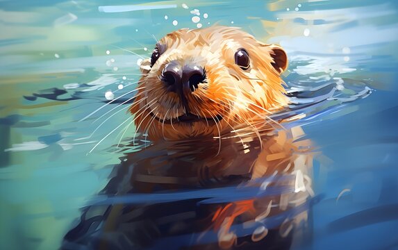 Capybara swimming in blue  water illustration. Happy beaver swimming in  summer lake. Otter or ondatra river time.