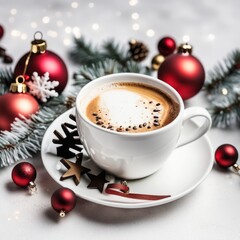 Coffee cup with Christmas ornaments and decoration on white background
