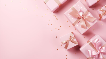 Pastel Pink Gift Boxes with Elegant Satin Bows and Golden Stars - Festive Holiday Background for Celebrations and Greetings