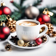 Obraz na płótnie Canvas Coffee cup with Christmas ornaments and decoration on white background