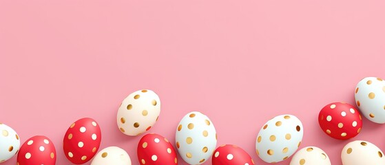 red and white  dotted easter eggs pattern on pink background with golden dots