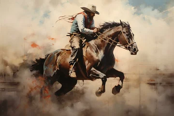 Raamstickers dynamic rodeo scene. perfect ensemble of rider and horse, vintage and faded painting. generative AI © yj
