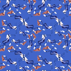 Watercolor seamless patern with skiers. Winter textile. Sport costume. Wrapping paper for ski resort souvenirs. Blue background