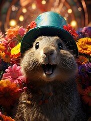 Groundhog Day celebration, with Punxsutawney Phil emerging to predict the weather, an annual tradition in February, anticipating an early spring or extended winter - obrazy, fototapety, plakaty