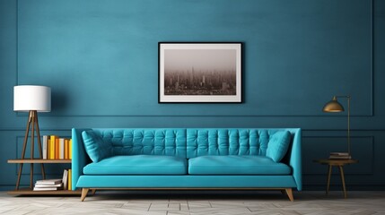 modern living room interior with blue sofa 