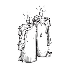 Burning candles in hand drawn sketch style. Retro vintage beeswax candle illustration. Vector drawing isolated on white.