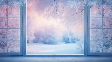 Blue frosted window with sunset or sunrise in winter
