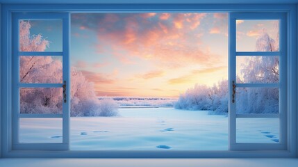 Blue frosted window with sunset or sunrise in winter