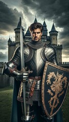 Medieval Knight in Full Armor with Castle Background

