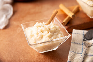 Rice pudding. Sweet dish made by cooking rice in milk and sugar, some recipes include cinnamon, vanilla or other ingredients, it is a very easy dessert to make and very popular all over the world.
