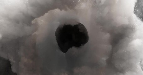 Spiraling smoke animation encircles a black center, perfect for logo display. Designed for seamless looping, this VFX element is ideal for motion graphics and captivating visual effects.
