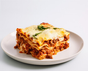 Peace of traditional italian lasagna with bolognese isolated on white background with copy space