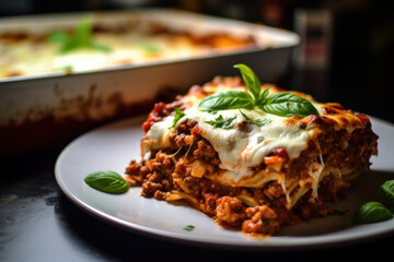 Peace of traditional hot homemade italian lasagna with bolognese sauce just out of the oven