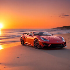 Fototapeta na wymiar Sport car on the beach at sunset. racing car.