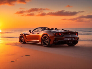 Fototapeta na wymiar Sport car on the beach at sunset.