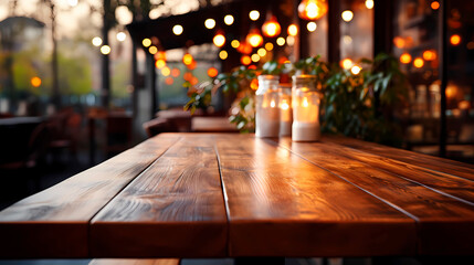 Wood table on blur of cafe. Wooden table made of boards, New Year's Eve, Christmas. Front perspective view. Empty table. Mockup, template, no items on the table. No people. Vibrant illustration