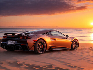 Sport car on the beach at sunset.