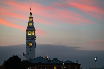 San Francisco Ferry Building Clock Tower at Sunset