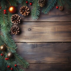 Fototapeta na wymiar Fir branch with Christmas decorations on old wooden shabby background with copy space for text