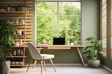 A workspace inspired by Scandinavian design, featuring sleek lines, natural wood accents, and lush greenery creating a refreshing ambiance.