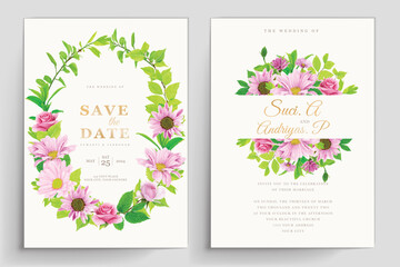 Fototapeta na wymiar pink floral with greenery leaves wedding invitation card