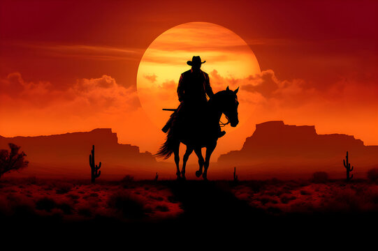Silhouette art image of a cowboy riding a horse in a wide field
