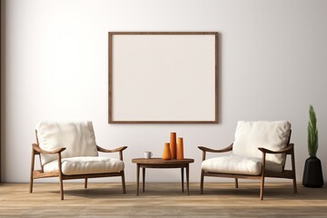 Aesthetic appeal defines this living room with an empty frame mockup, two wooden chairs, and a textured white wall. - obrazy, fototapety, plakaty