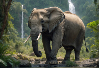 a big elephant in the woods near a body of water.