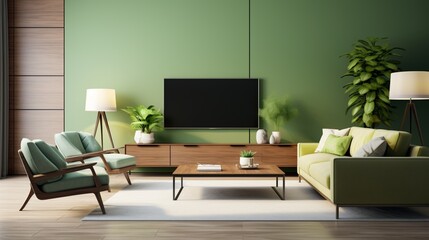 Modern Living Room Interior With Television Set Sofa Armchair Floor Lamp And Coffee Table