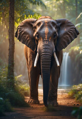 Fototapeta na wymiar a big elephant in the woods near a body of water.