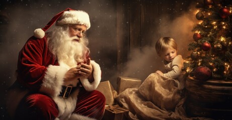 Santa Claus sitting under a Christmas tree, with children sleeping in the background