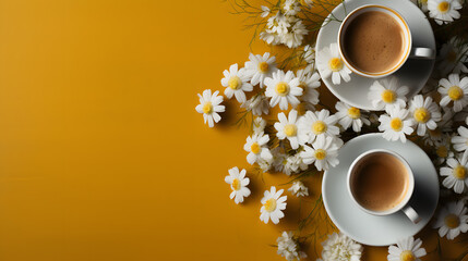 Chamomile tea with copy space on dark colored background - obrazy, fototapety, plakaty