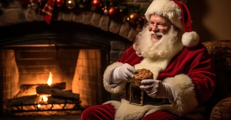 Santa Claus, seated cozily by a fireplace, savoring freshly baked cookies with a glass of milk