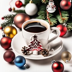 Fototapeta premium Coffee cup with Christmas ornaments and decoration on white background