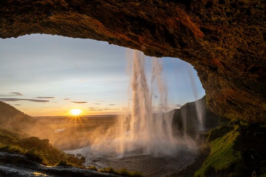 Seljalandsfoss waterfall at sunset, South Iceland, Iceland, Europe
