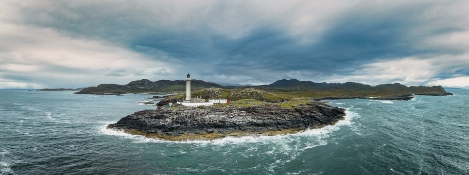 Aerial panorama of Ardnamurchan Point with the 35 metre high lighthouse, at the westernmost point of the British main island, Ardnamurchan, Scotland, United Kingdom, Europe