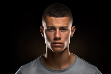 Fototapeta premium Dramatic concept Black and white close-up portrait of young handsome man looking forward. Studio shot on black background