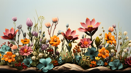 Evergreen colorful flower field in nature, Flowers on garden in springtime, Tropical forest 3D rendering illustration for design  - obrazy, fototapety, plakaty