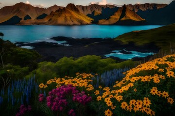Fototapeta premium The vibrant and contrasting colors of endemic flowers against the island's backdrop