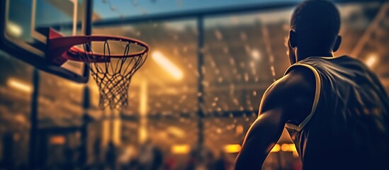Seen from behind, the athlete will put the basketball into the basketball hoop