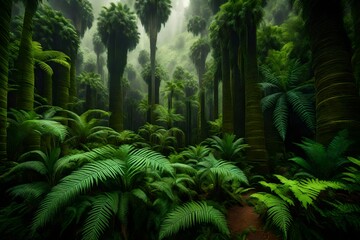 Fototapeta na wymiar A prehistoric landscape with towering ferns and ancient cycad plants