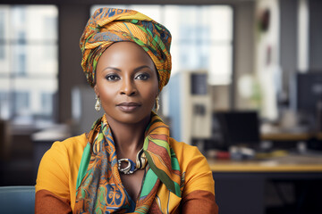 Portrait of African businesswoman with a colorful traditional shawl on her head, office background. business. Africa