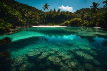 Fototapeta premium A tranquil island lagoon surrounded by distinctive island-endemic flora